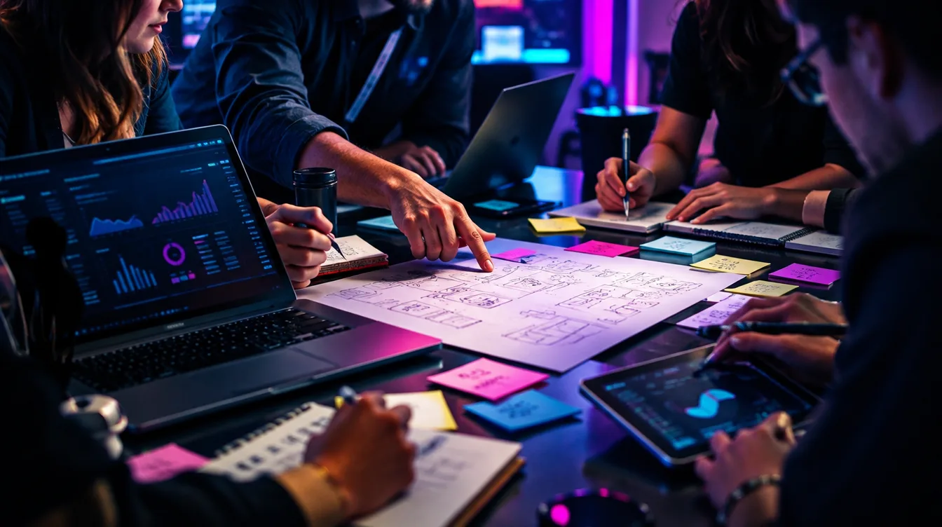 Manos trabajando sobre bocetos, portátiles y tabletas bajo luz azul y magenta