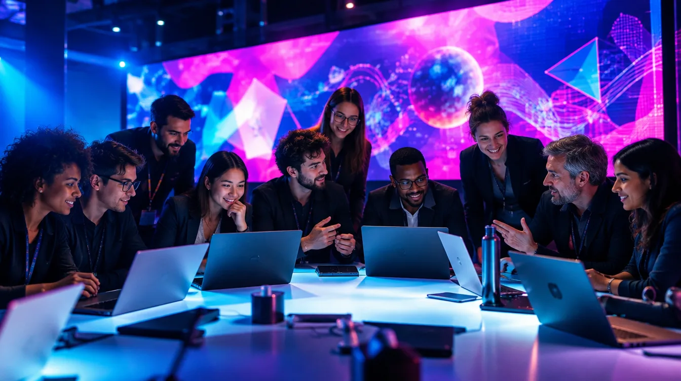 Equipo colaborando alrededor de una mesa con portátiles ante una gran pantalla digital