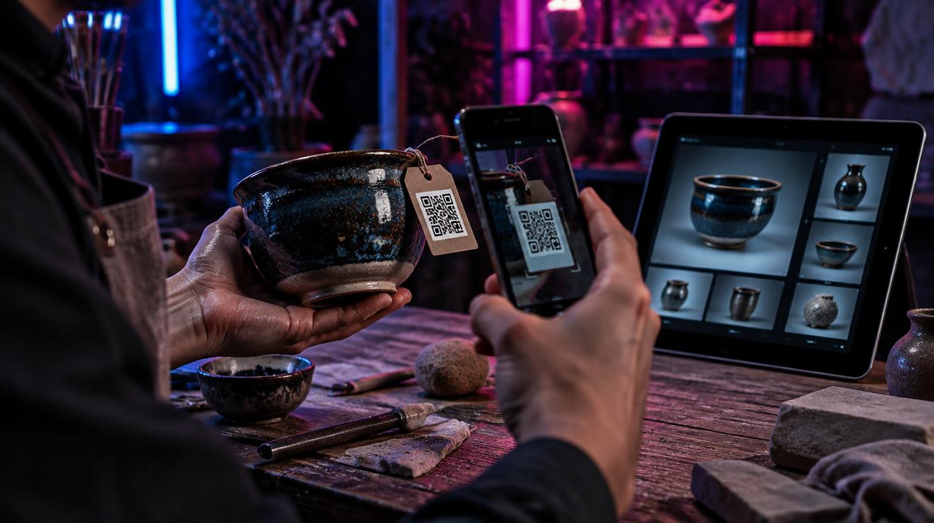 Cuenco artesanal con etiqueta QR escaneado con un móvil junto a un catálogo digital