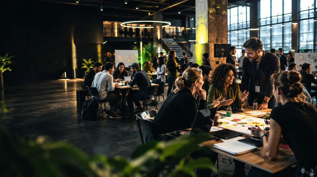 Personas conversando en mesas de trabajo en un espacio industrial